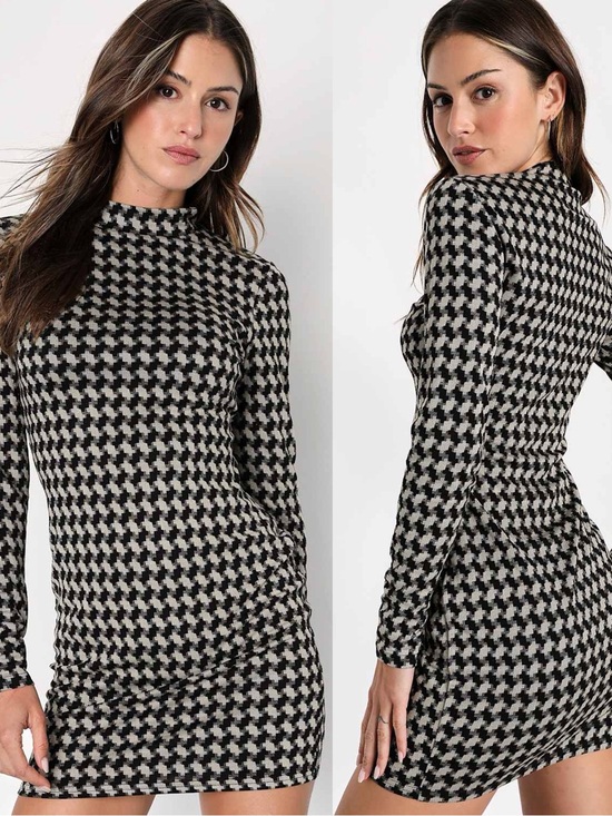 Lulus Dresses & Skirts - Lulus | Cool Girl Status Black Print Mock Neck Long Sleeve Mini Dress